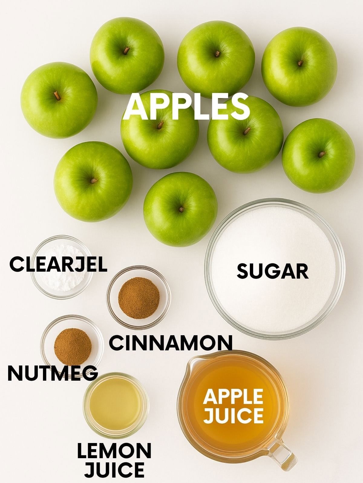 Ingredients for canning apple pie filling: apples, clearjel, sugar, spices, lemon juice, apple juice.