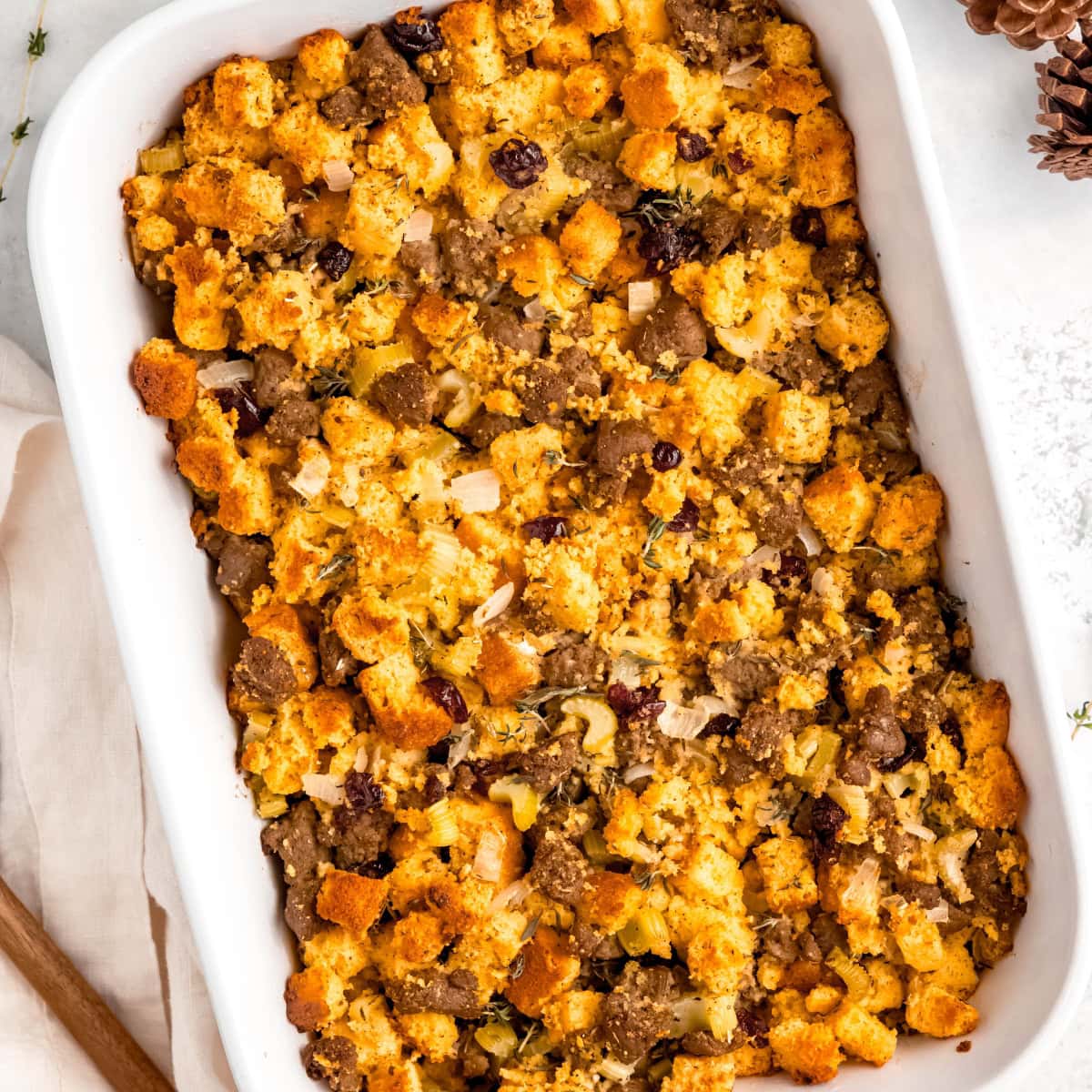 A full rectangular pan of cornbread sausage dressing.