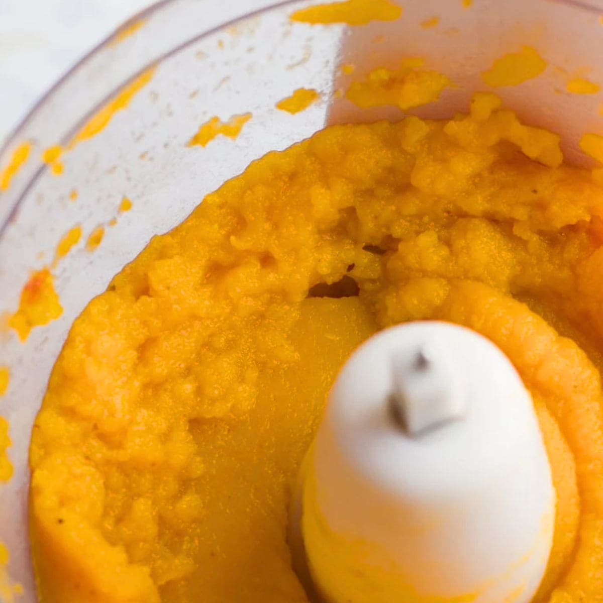 Pumpkin in a food processor after blending.