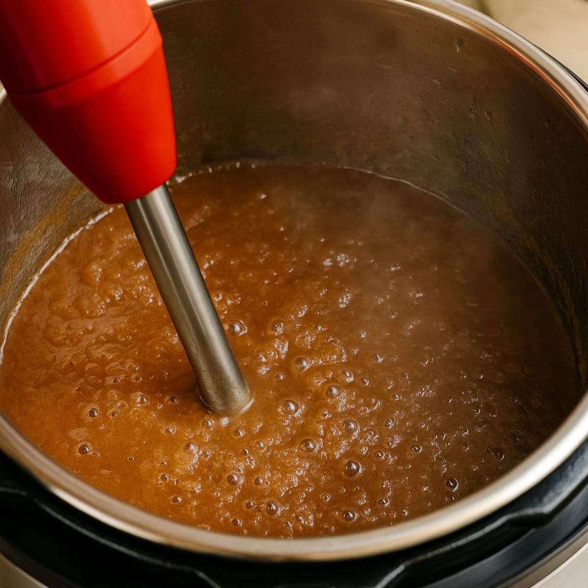 An immersion blender in a pot of apple butter