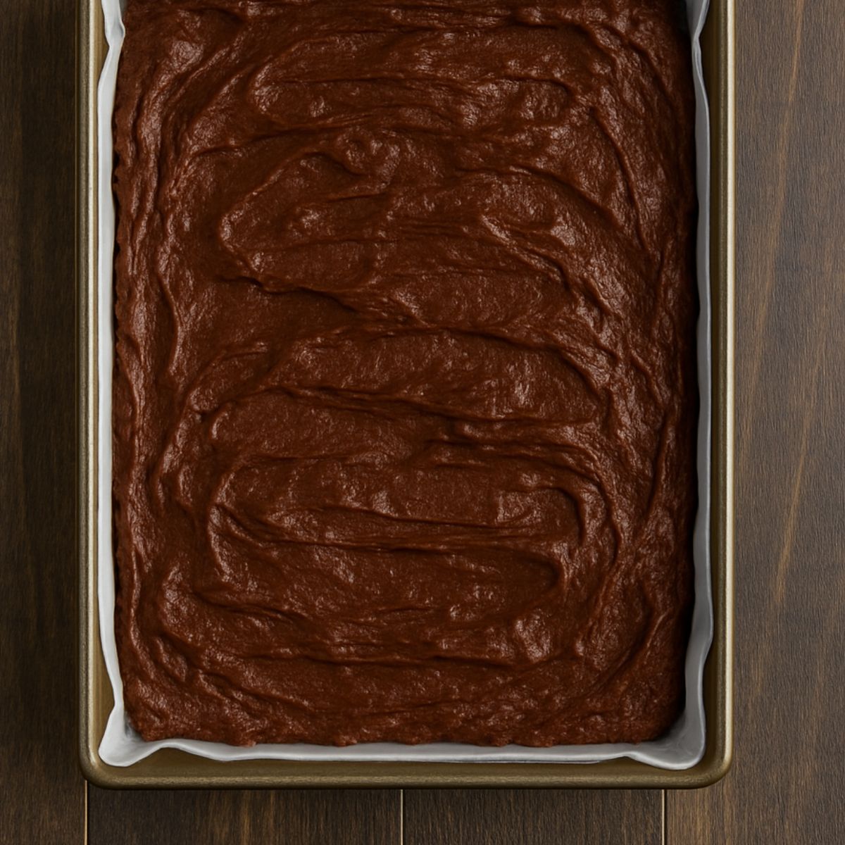 Brownie batter spread in a lined pan