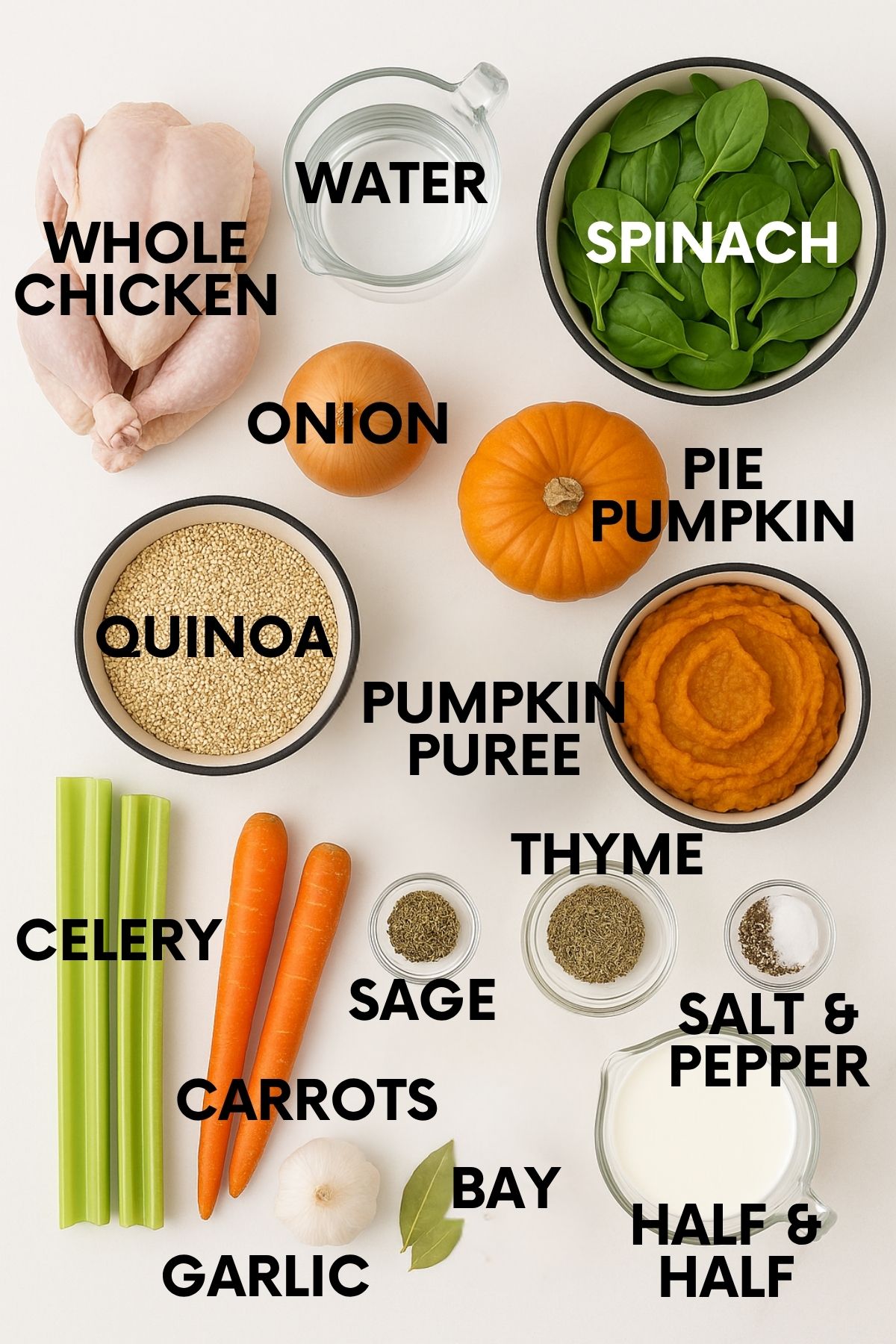 Ingredients for chicken and pumpkin soup: whole chicken, water, spinach, onion, pumpkin, quinoa, celery, carrots, herbs, garlic, half and half.