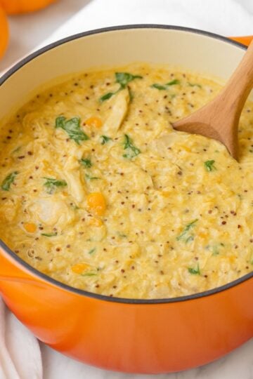 Wooden spoon in an orange soup pot of chicken and pumpkin soup.