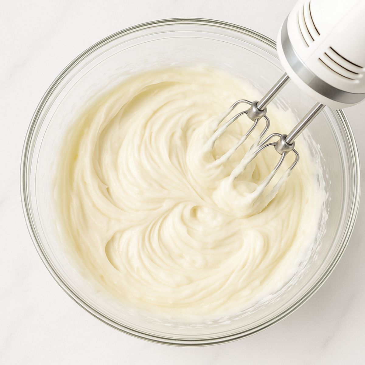 Electric mixer whips cream cheese frosting in a glass bowl