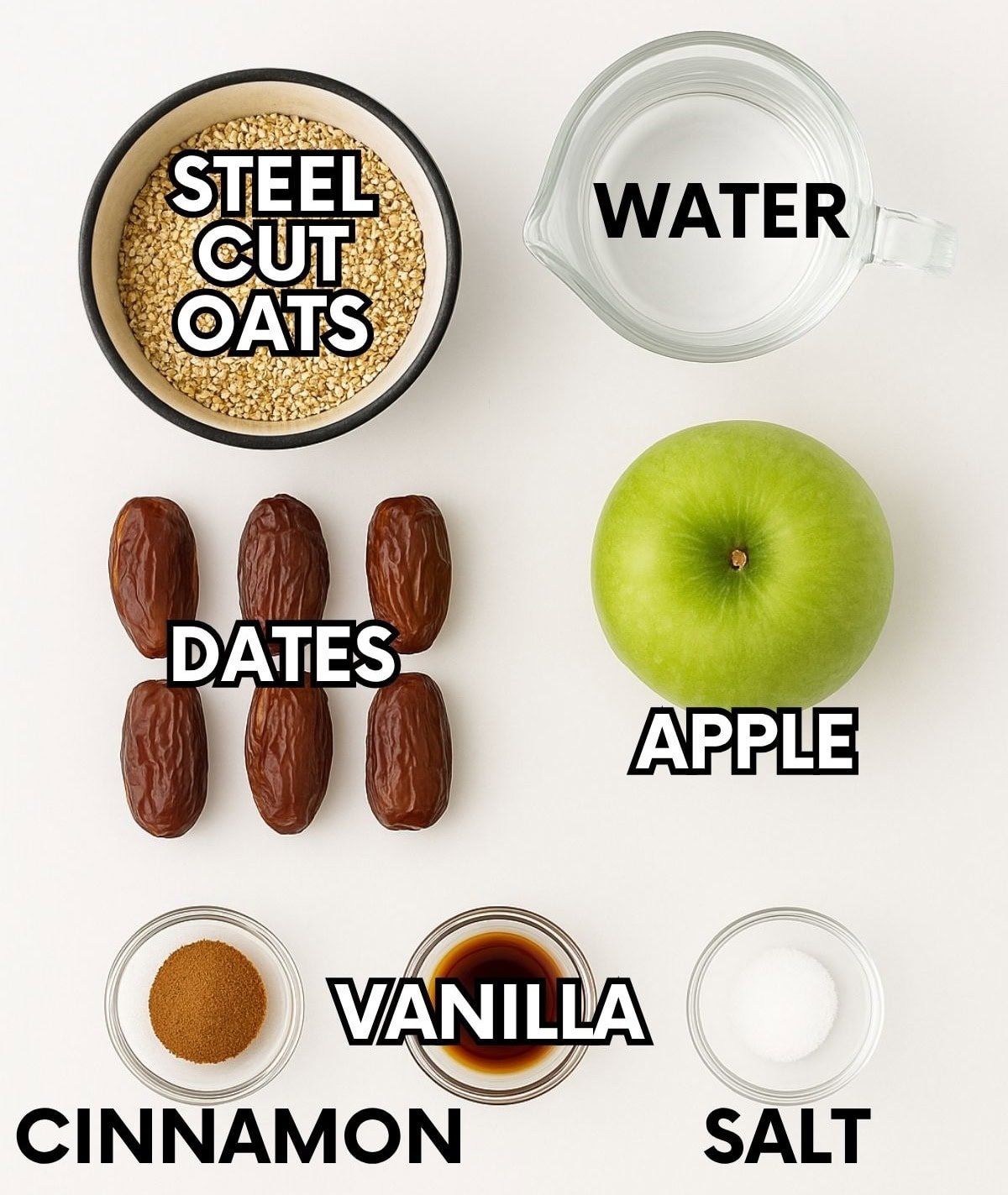 Ingredients for slow cooker steel cut oats: oats, water, dates, apple, cinnamon, vanilla, salt.