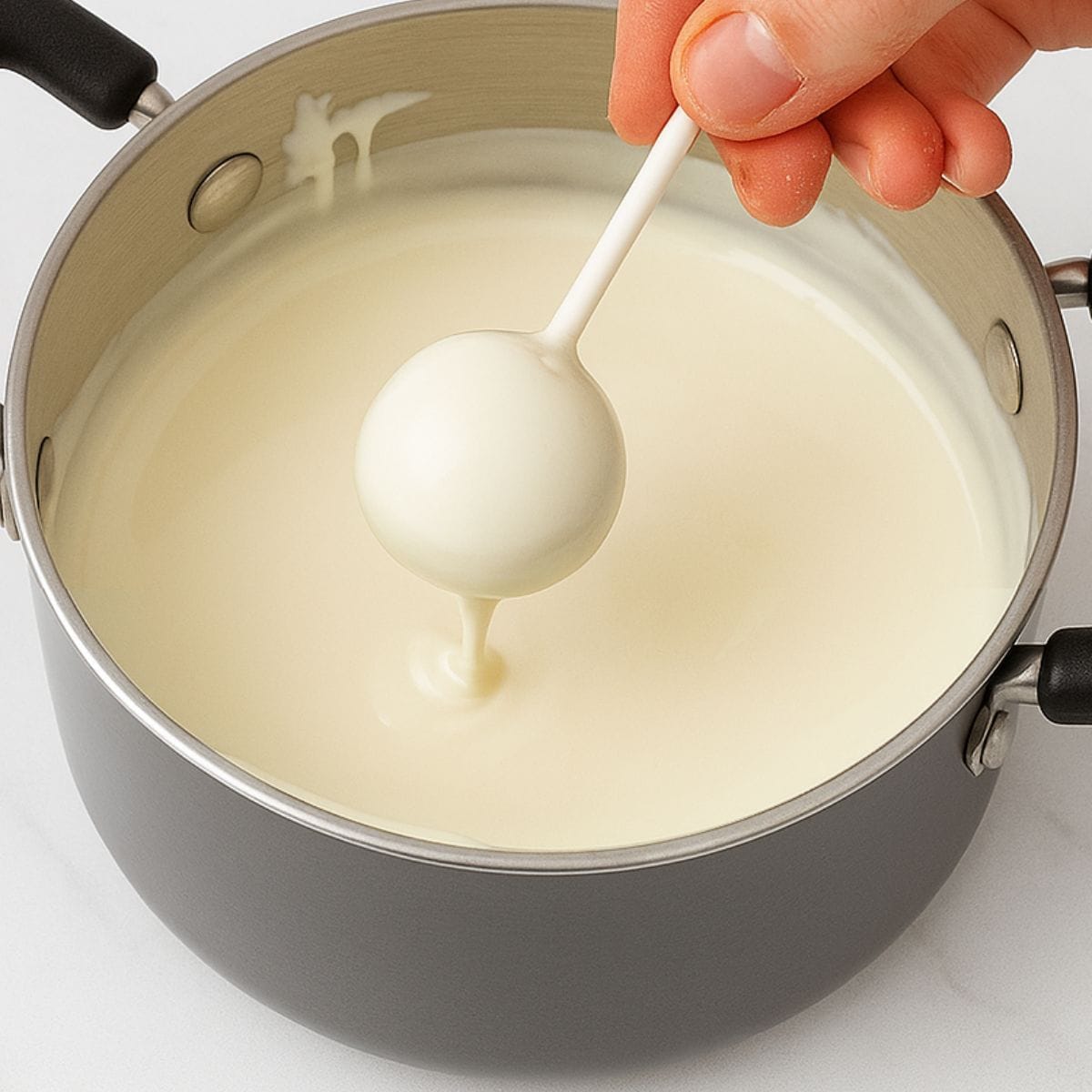 A hand dips a cake pop on a lollipop stick in a pan of melted candy coating
