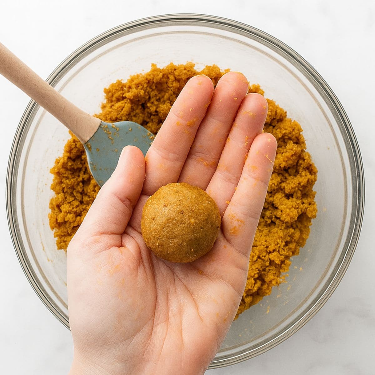 A hand holds a rolled cake ball over a bowl of cake and frosting