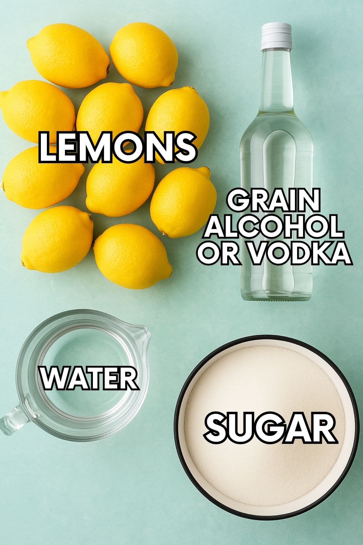 Ingredients for homemade limoncello: lemons, grain alcohol, water, sugar.