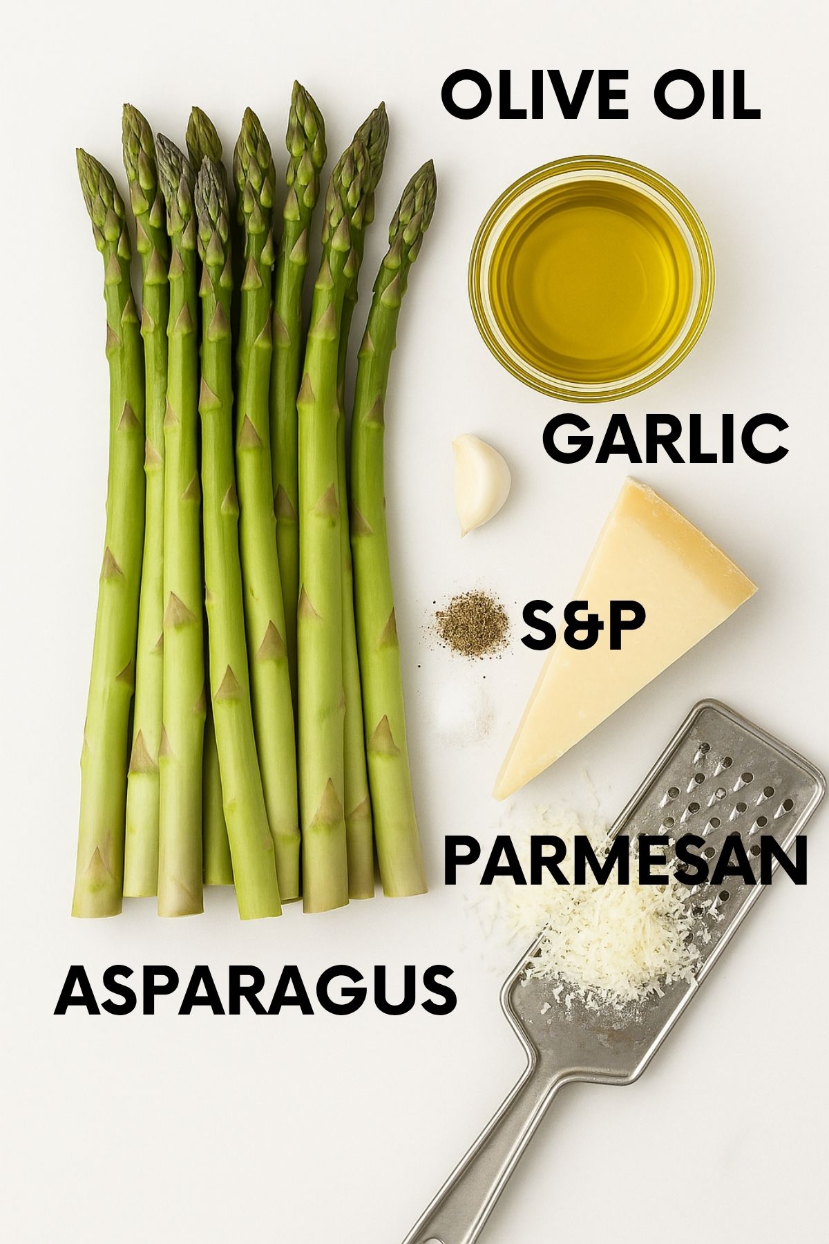 Ingredients for roasted asparagus: asparagus, olive oil, garlic, salt and pepper, Parmesan.