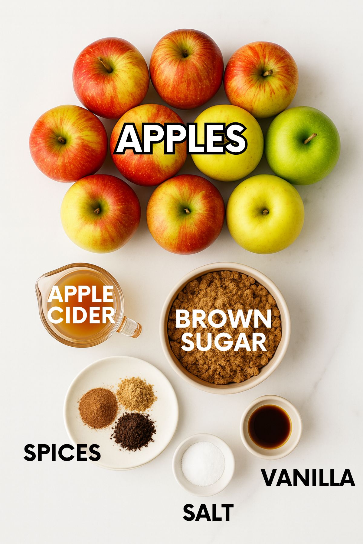 Ingredients for Instant Pot apple butter - apples, apple cider, brown sugar, spices, salt, and vanilla