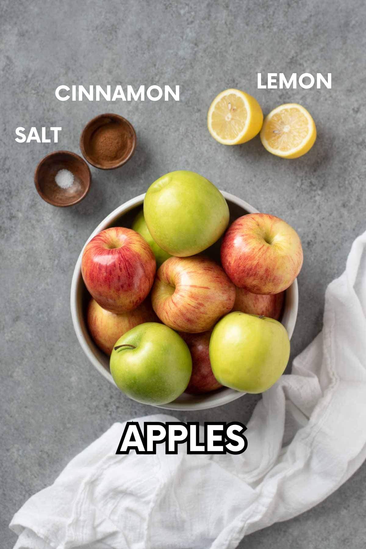 Applesauce ingredients on a gray background - apples, cinnamon, salt, lemon