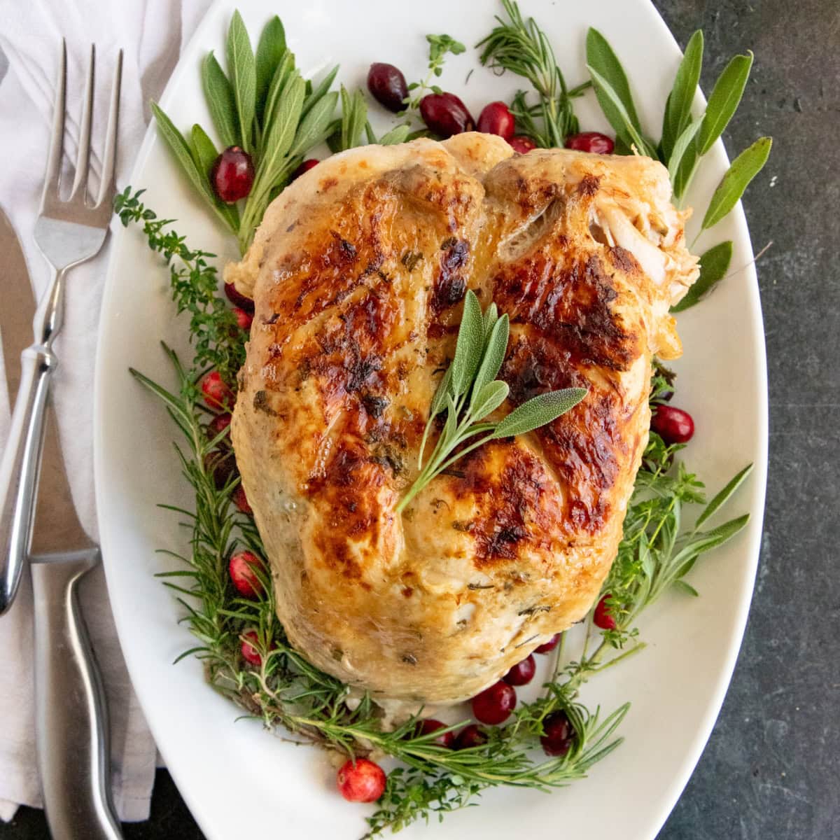 Instant Pot turkey breast on a white platter with a bed of fresh herbs and cranberries.