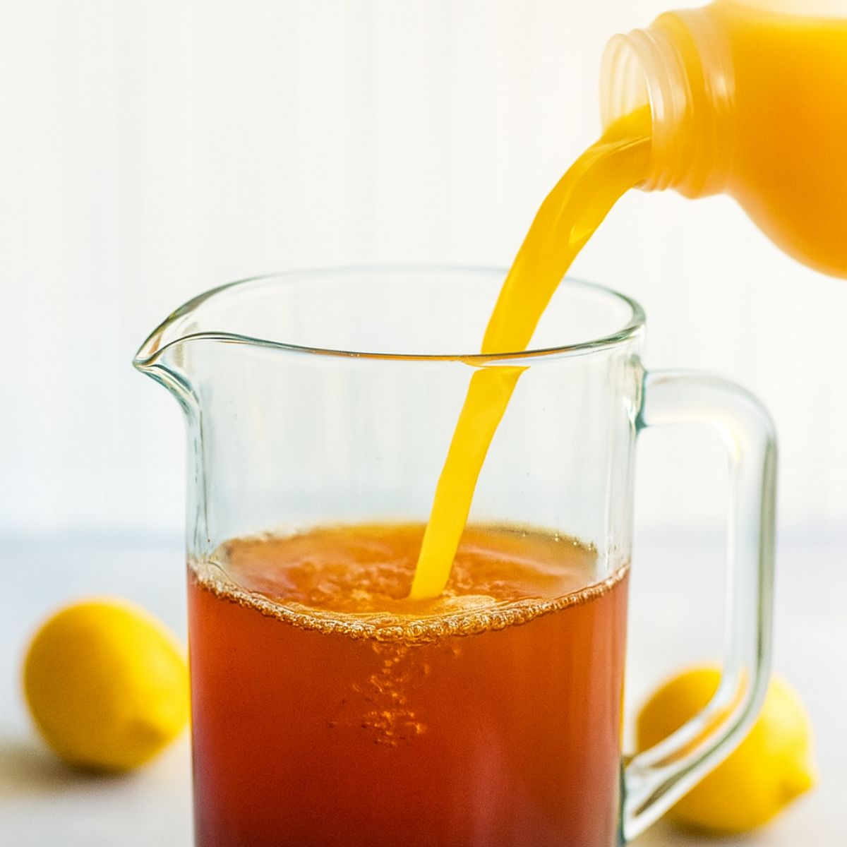 Orange juice pours into a glass pitcher of iced tea.