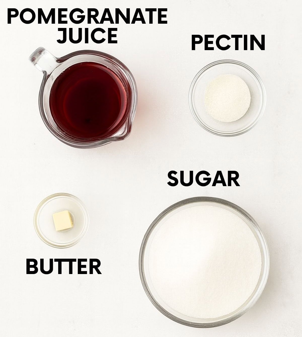 Ingredients for pomegranate jelly: pomegranate juice, pectin, butter, sugar.