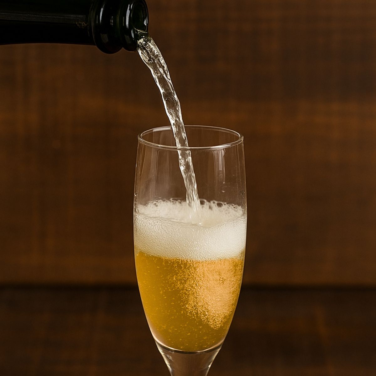 Champagne pours into a flute over apple cider