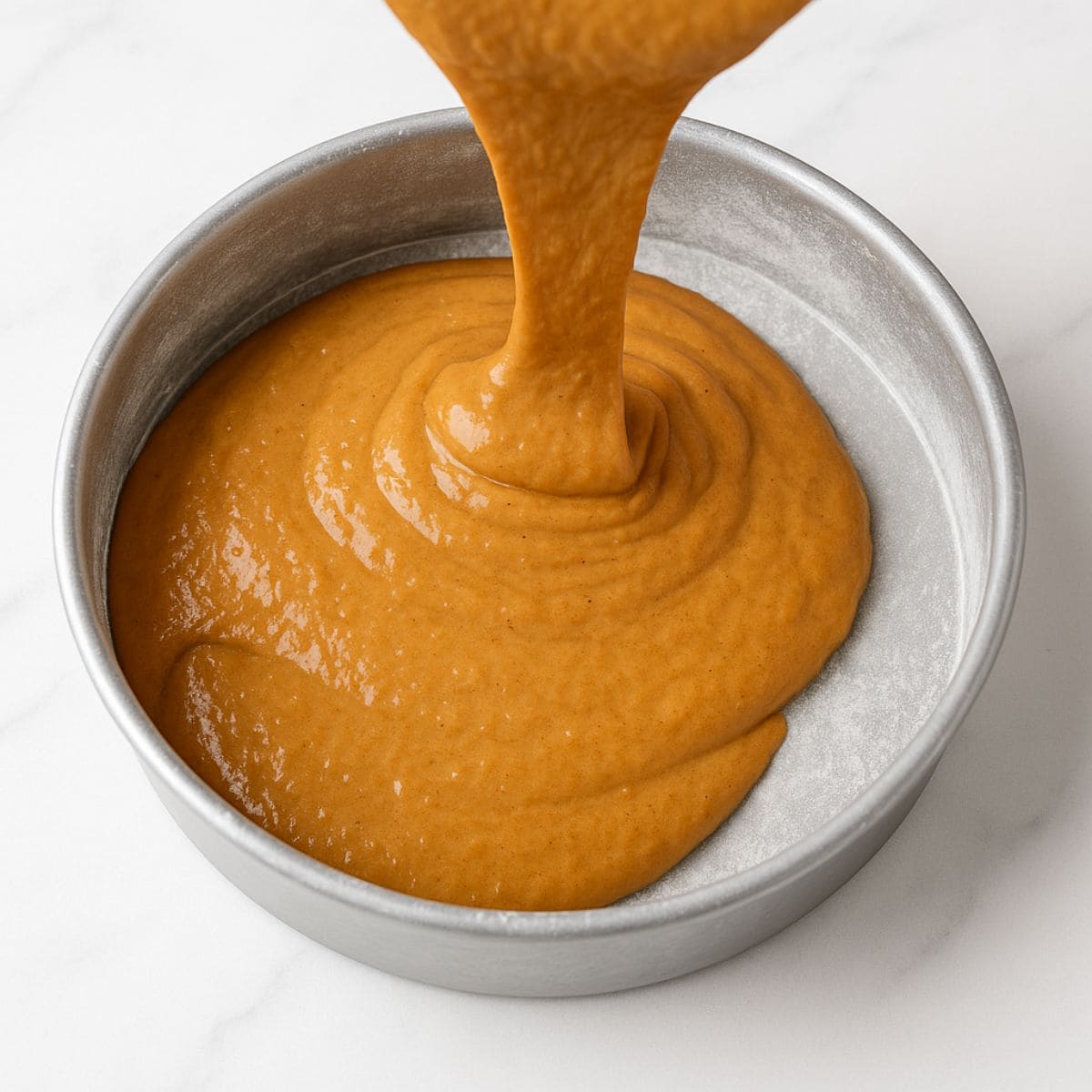 Spice cake batter pouring into a cake pan