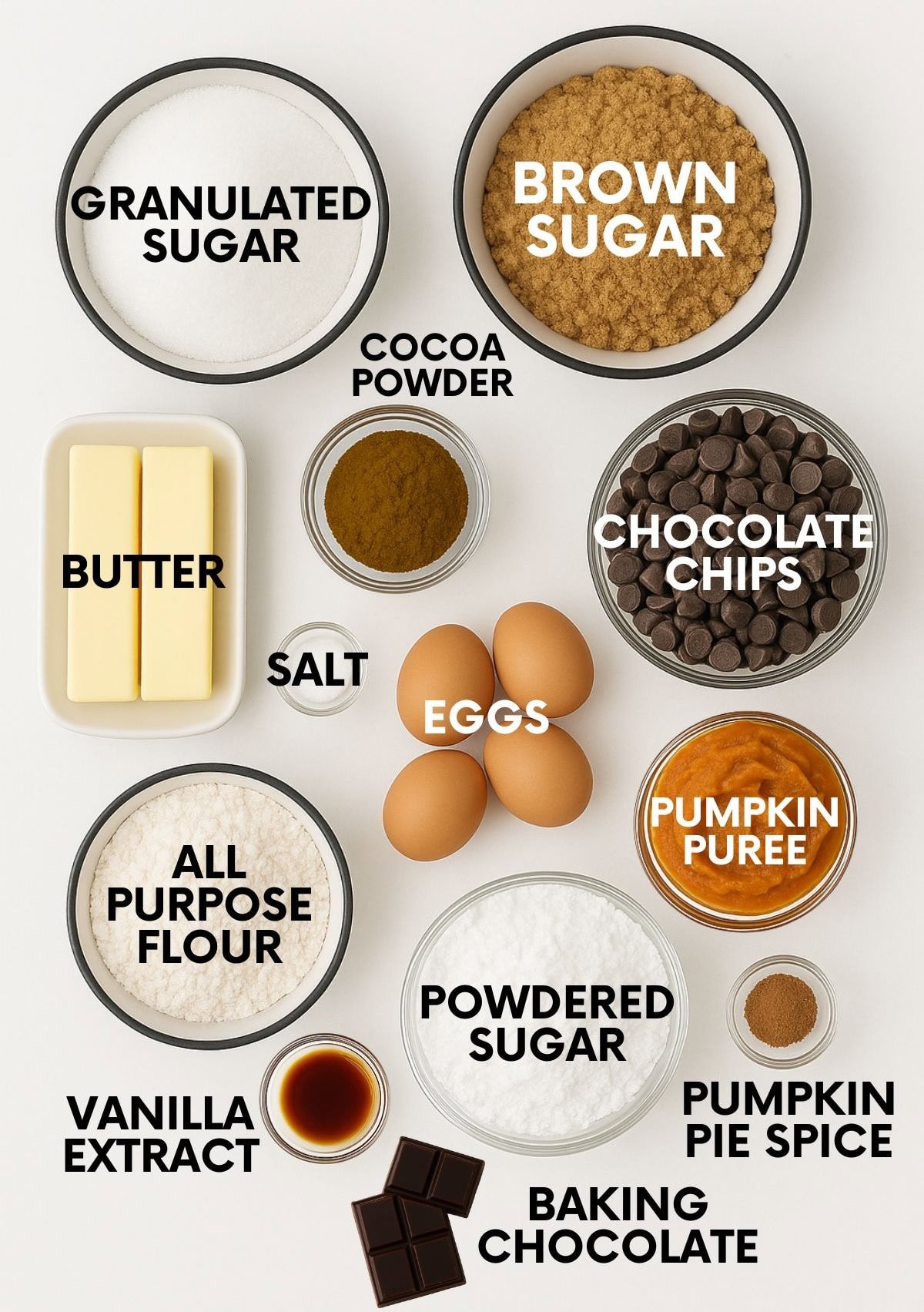 Labeled ingredients for pumpkin brownies - sugars, cocoa powder, butter, chocolate chips, salt, eggs, all-purpose flour, pumpkin puree, powdered sugar, vanilla, pumpkin pie spice, baking chocolate