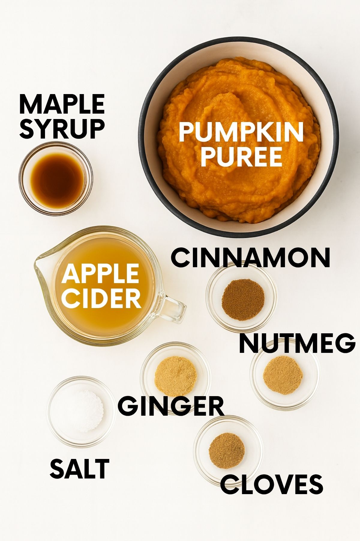 Ingredients for this pumpkin butter recipe: maple syrup, pumpkin puree, apple cider, spices, and salt.