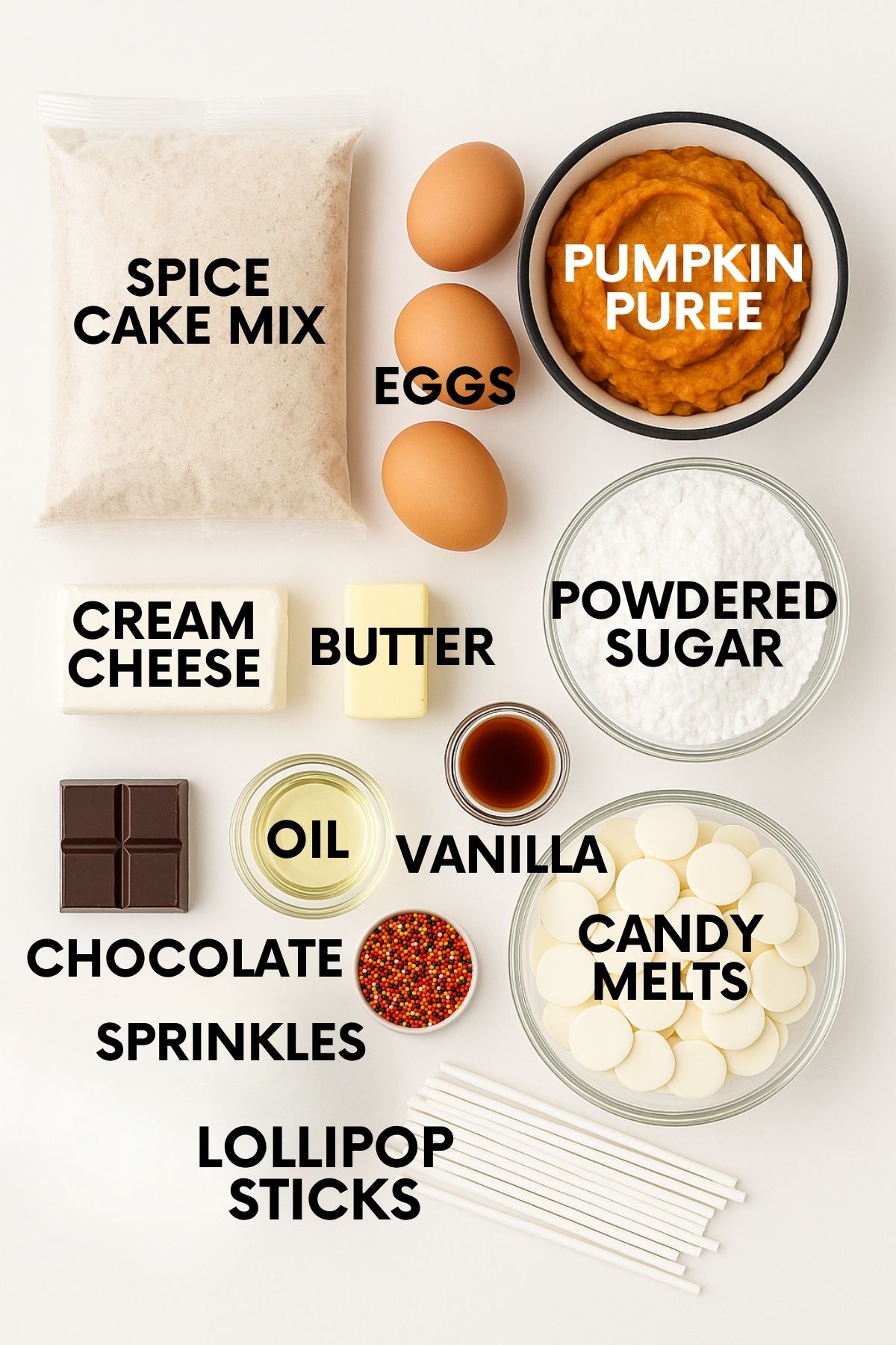 Ingredients for pumpkin cake pops: cake mix, eggs, pumpkin, cream cheese, butter, powdered sugar, chocolate, oil, vanilla, sprinkles, candy melts, lollipop sticks