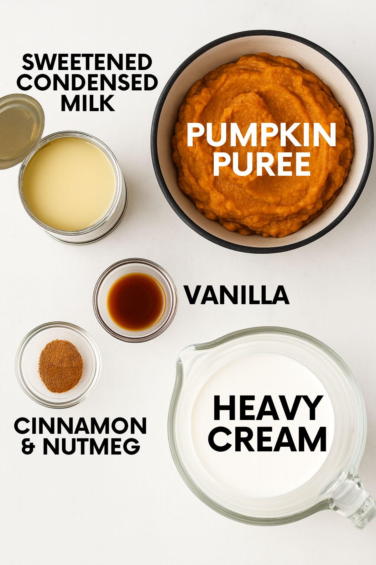 Ingredients for a pumpkin ice cream recipe - pumpkin puree, sweetened condensed milk, vanilla, spices, and heavy cream