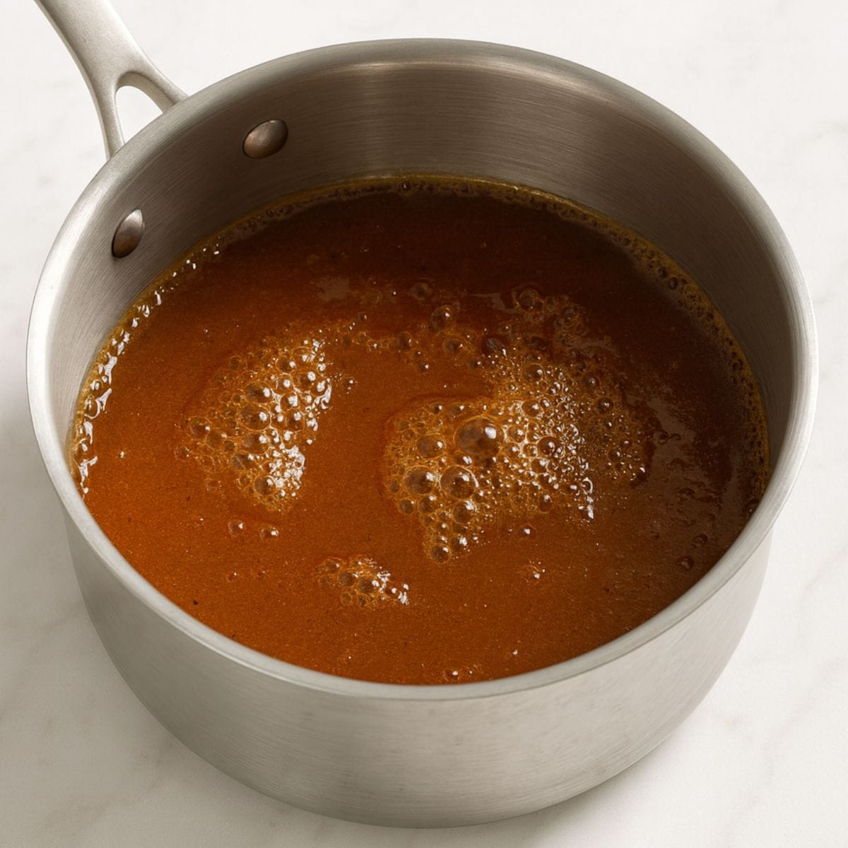 Pot of orange-brown bubbling syrup
