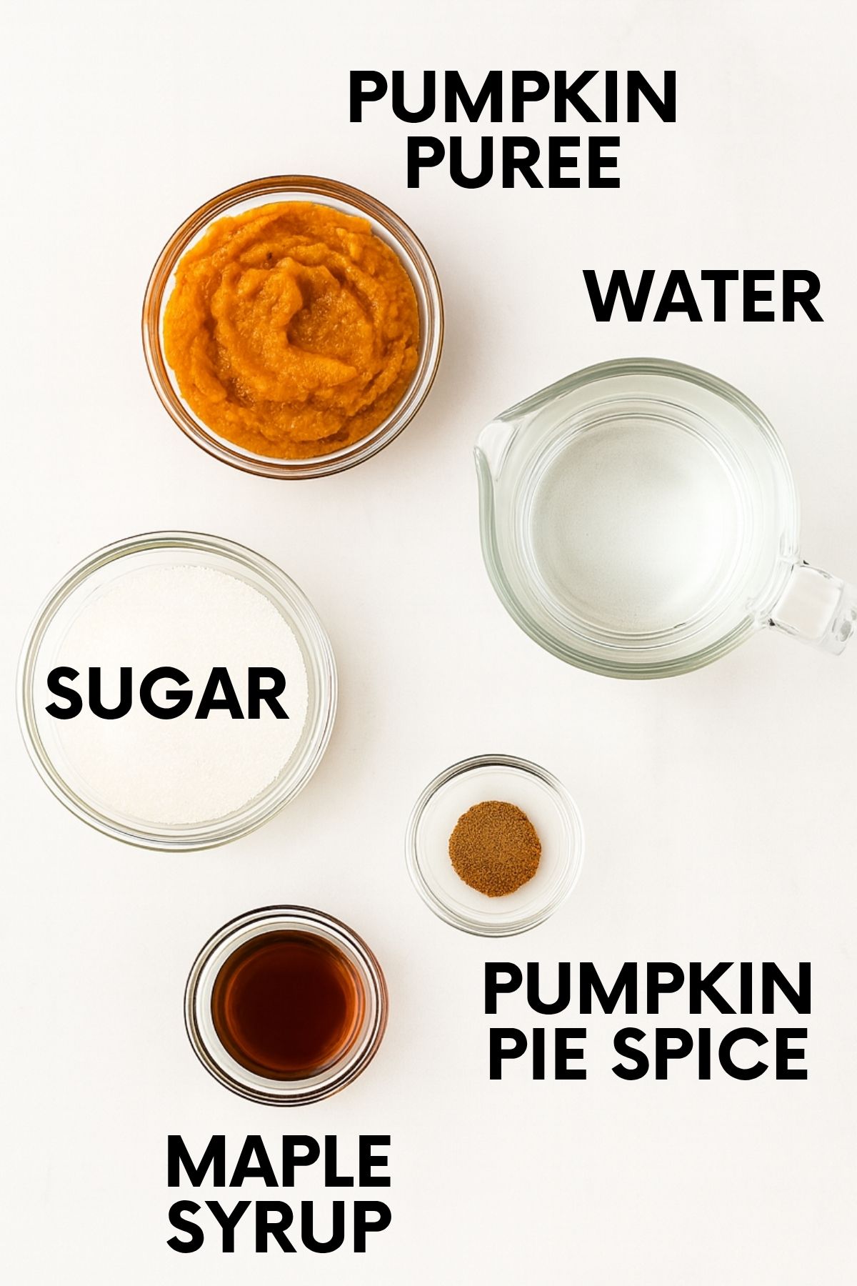 Labeled ingredients for a pumpkin spice syrup recipe: pumpkin, water, sugar, spices, and maple syrup