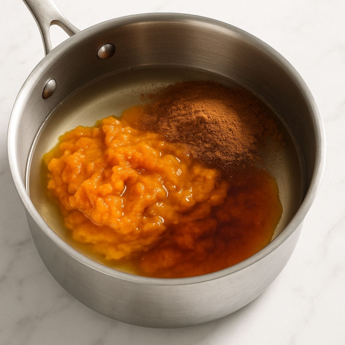 Pumpkin, sugar, and spices in a pot of water