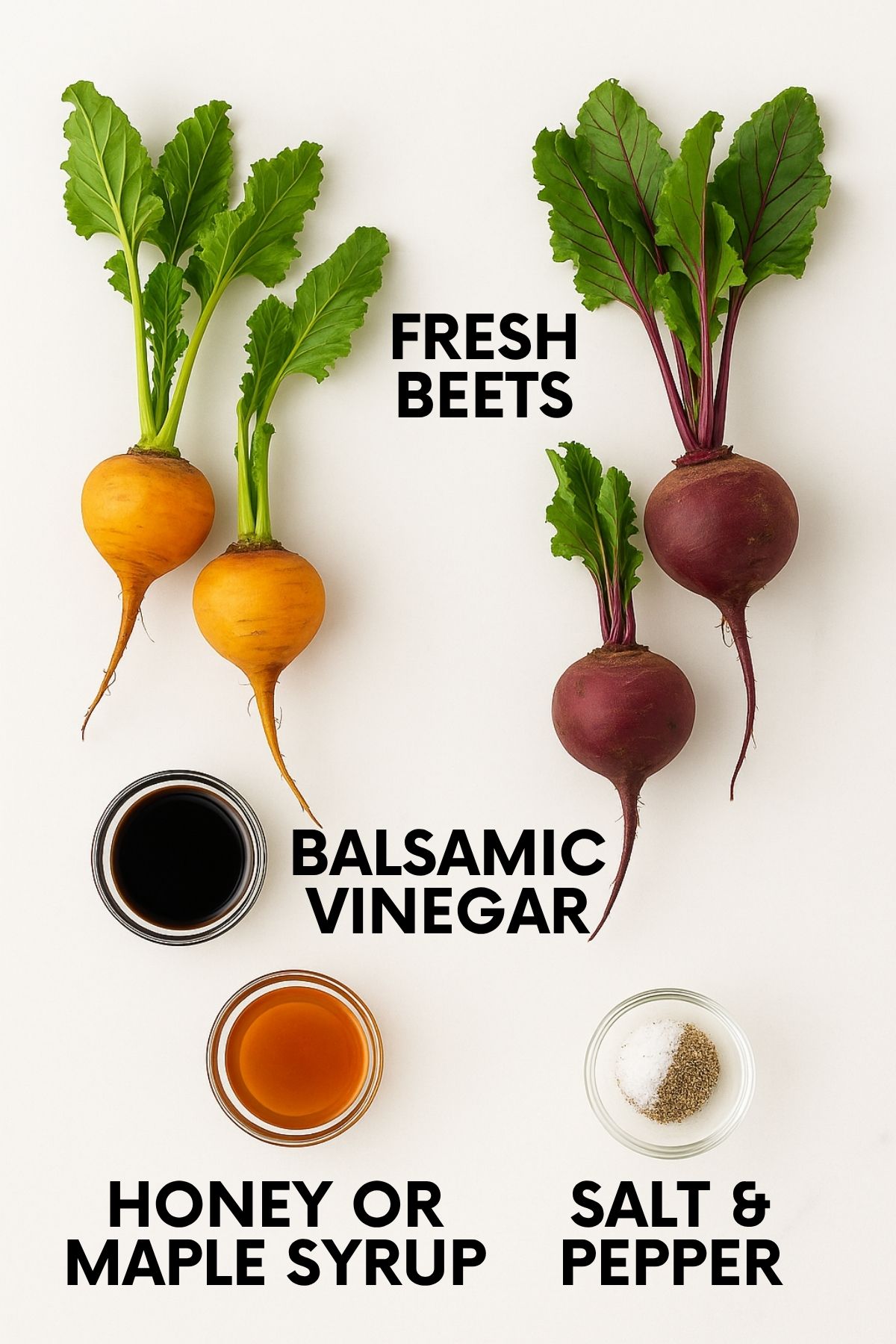 Ingredients for balsamic roasted beets: fresh beets, balsamic vinegar, honey or maple syrup, salt and pepper.