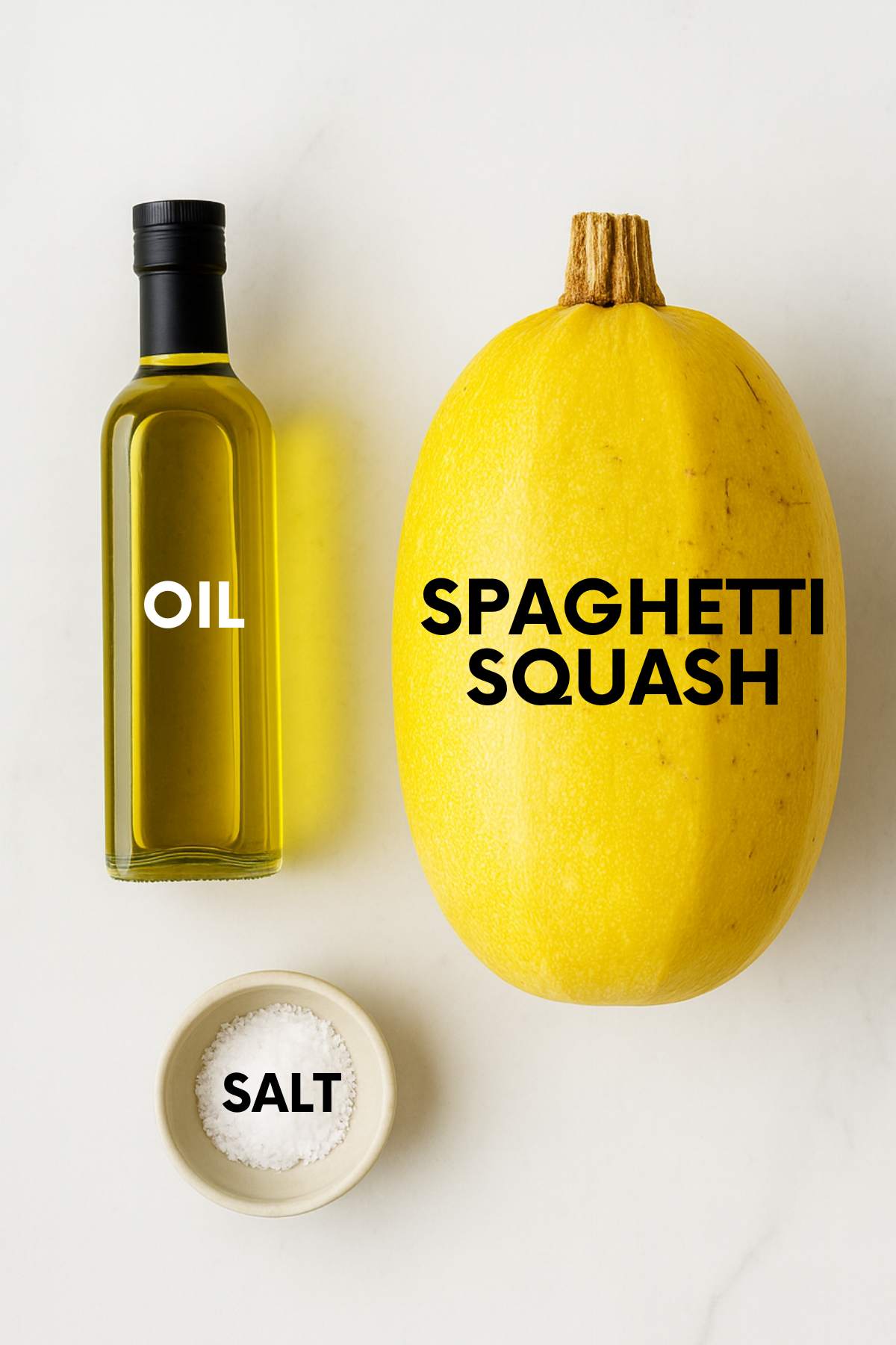Labeled ingredients for roasting spaghetti squash - squash, oil, salt