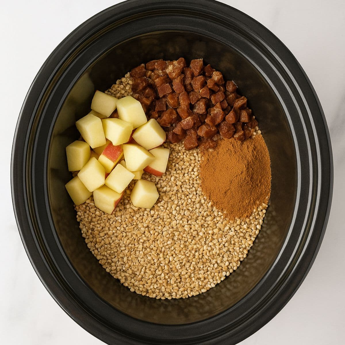 Chopped apples and dates, plus spices, on top of steel cut oats in the basin of a slow cooker.