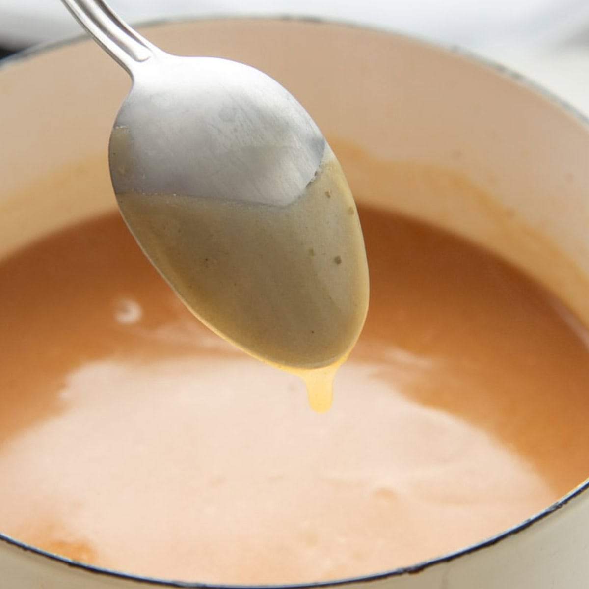 A spoon shows how homemade turkey gravy should coat the back of a spoon.