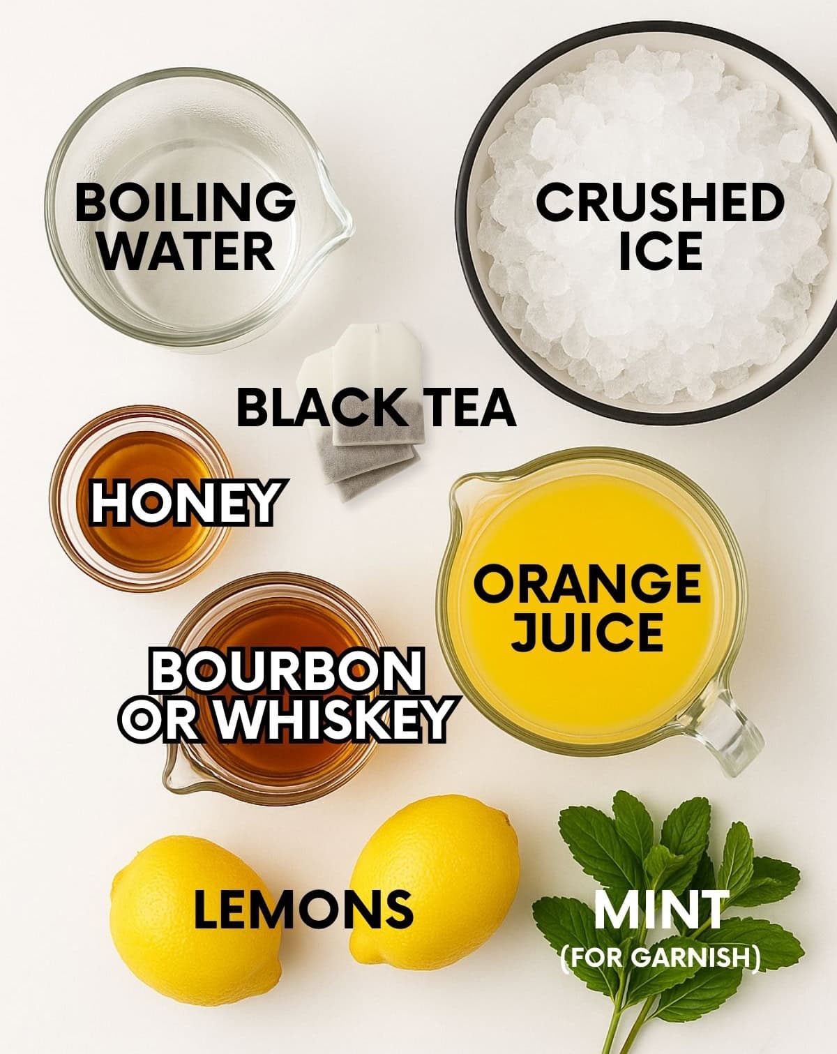Ingredients for whiskey punch: water, crushed ice, black tea, honey, bourbon or whiskey, orange juice, lemons, mint.