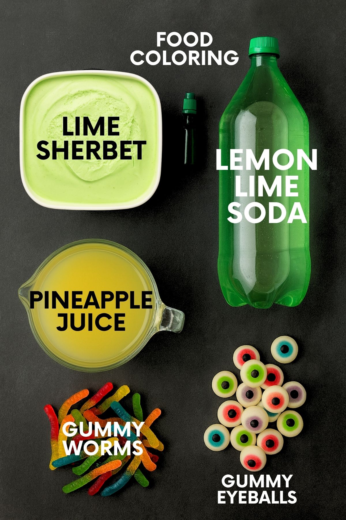 Ingredients for witches' brew punch: lemon-lime soda, lime sherbet, food coloring, pineapple juice, and gummy candies