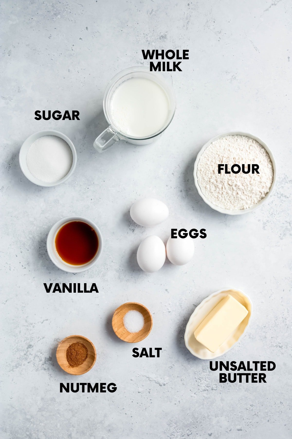 Ingredients for a pannukakku recipe: whole milk, sugar, flour, eggs, vanilla, nutmeg, salt, butter.