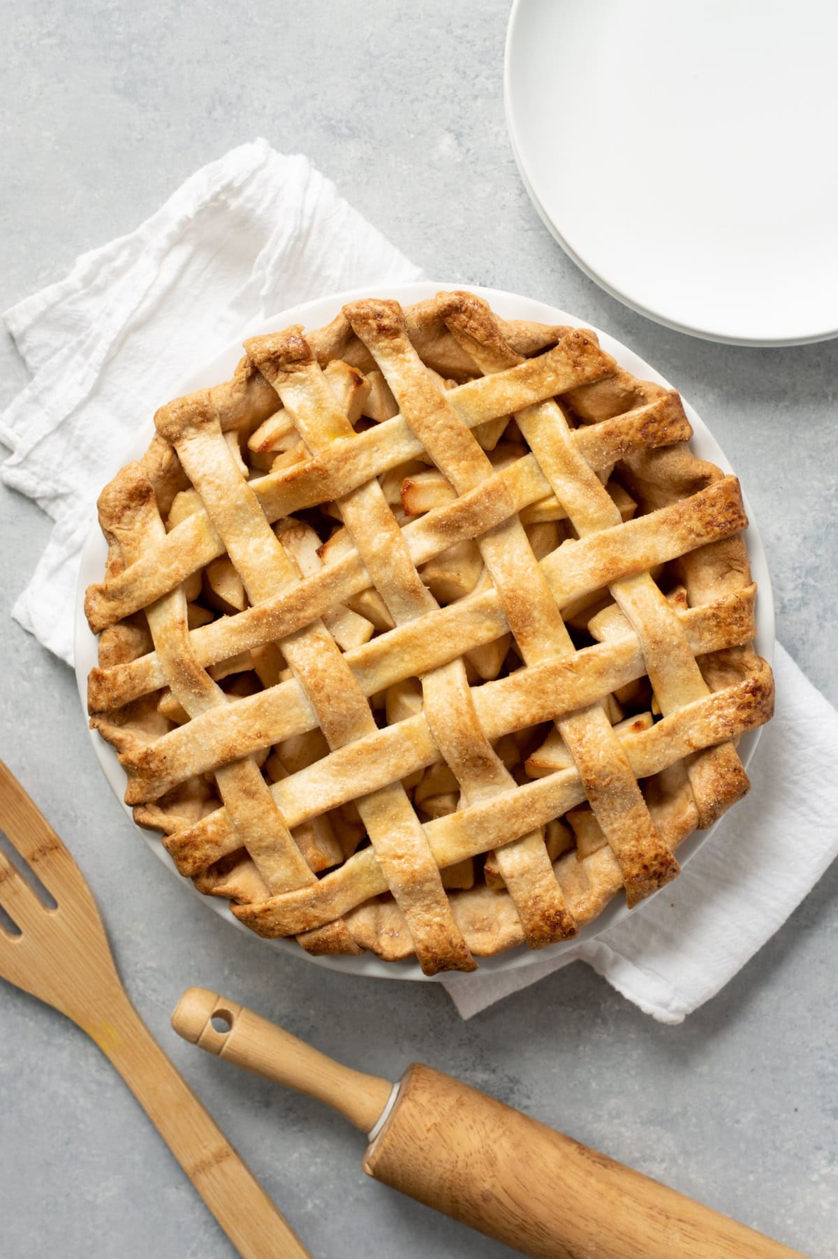 A lattice-topped apple pie, baked in an all-butter pie crust.