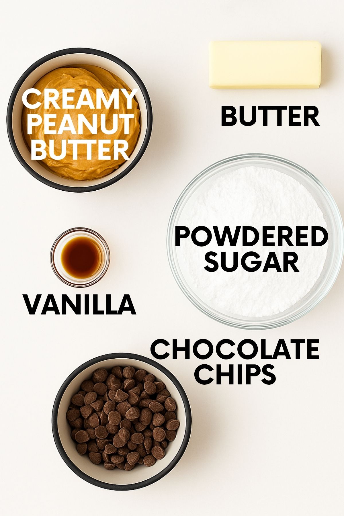 Ingredients for buckeye balls: peanut butter, butter, vanilla, powdered sugar, chocolate chips.