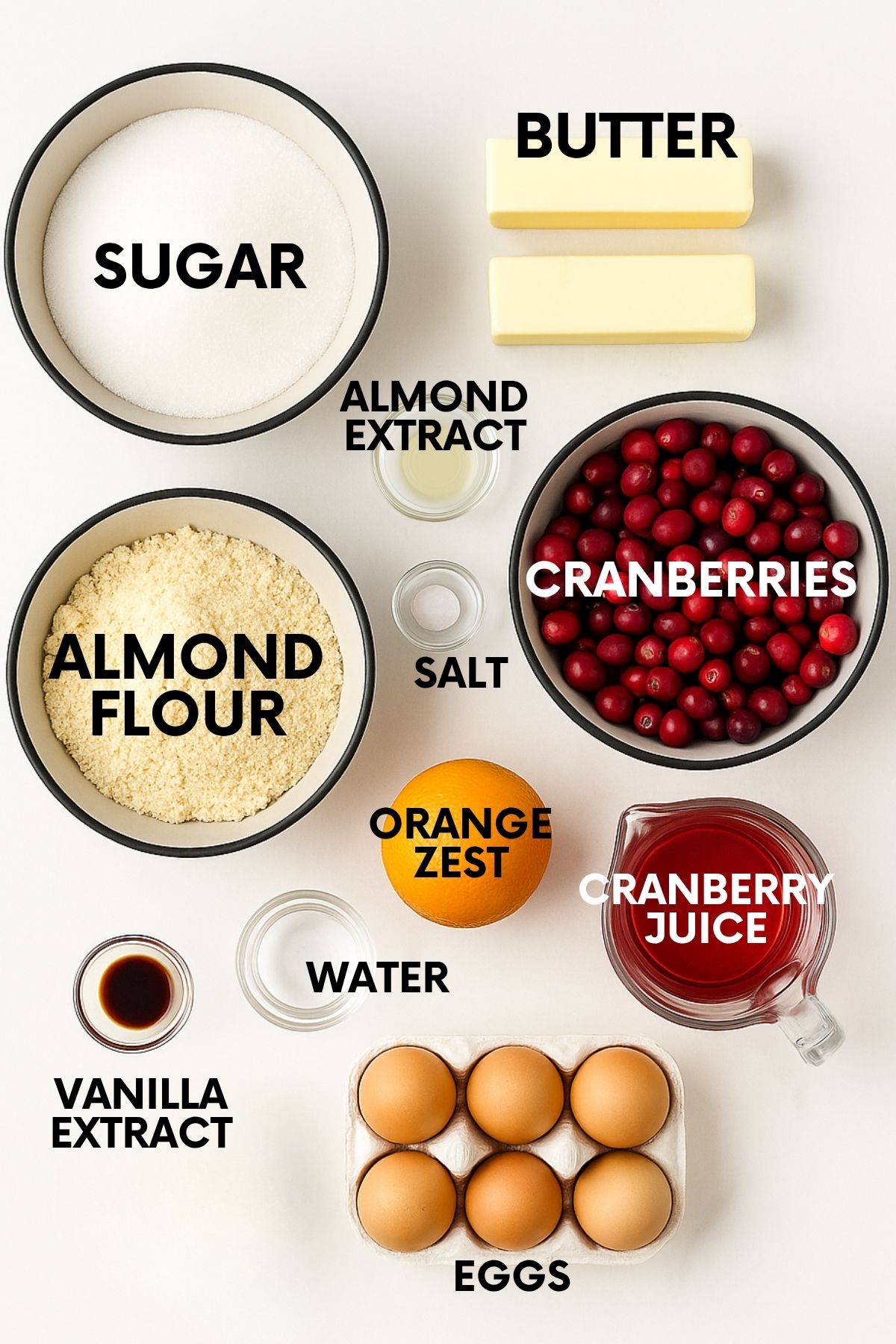Ingredients for a cranberry curd tart: sugar, butter, almond extract, salt, almond flour, cranberries, orange zest, vanilla, water, eggs, cranberry juice.