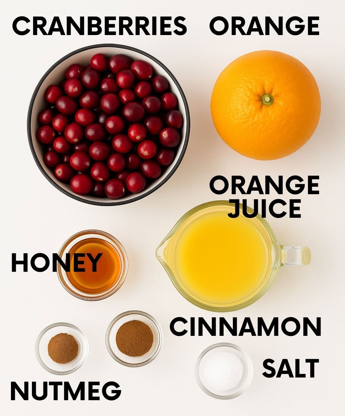 Ingredients for cranberry orange sauce: cranberries, orange, orange juice, honey, nutmeg, cinnamon, salt.