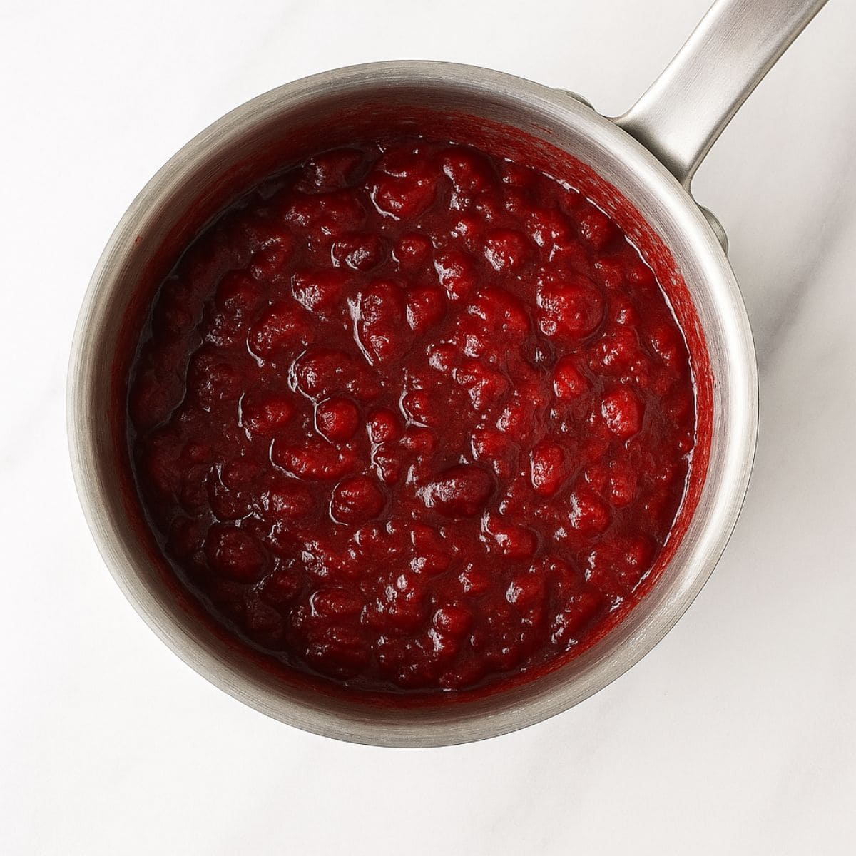 Fully cooked cranberry orange sauce in a stainless steel pot.