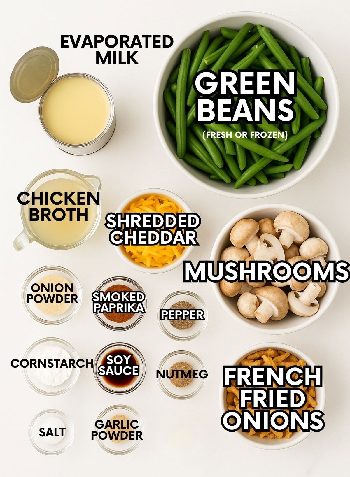 Ingredients for fresh green bean casserole recipe: green beans, evaporated milk, broth, cheddar, mushrooms, spices, cornstarch, and french fried onions.