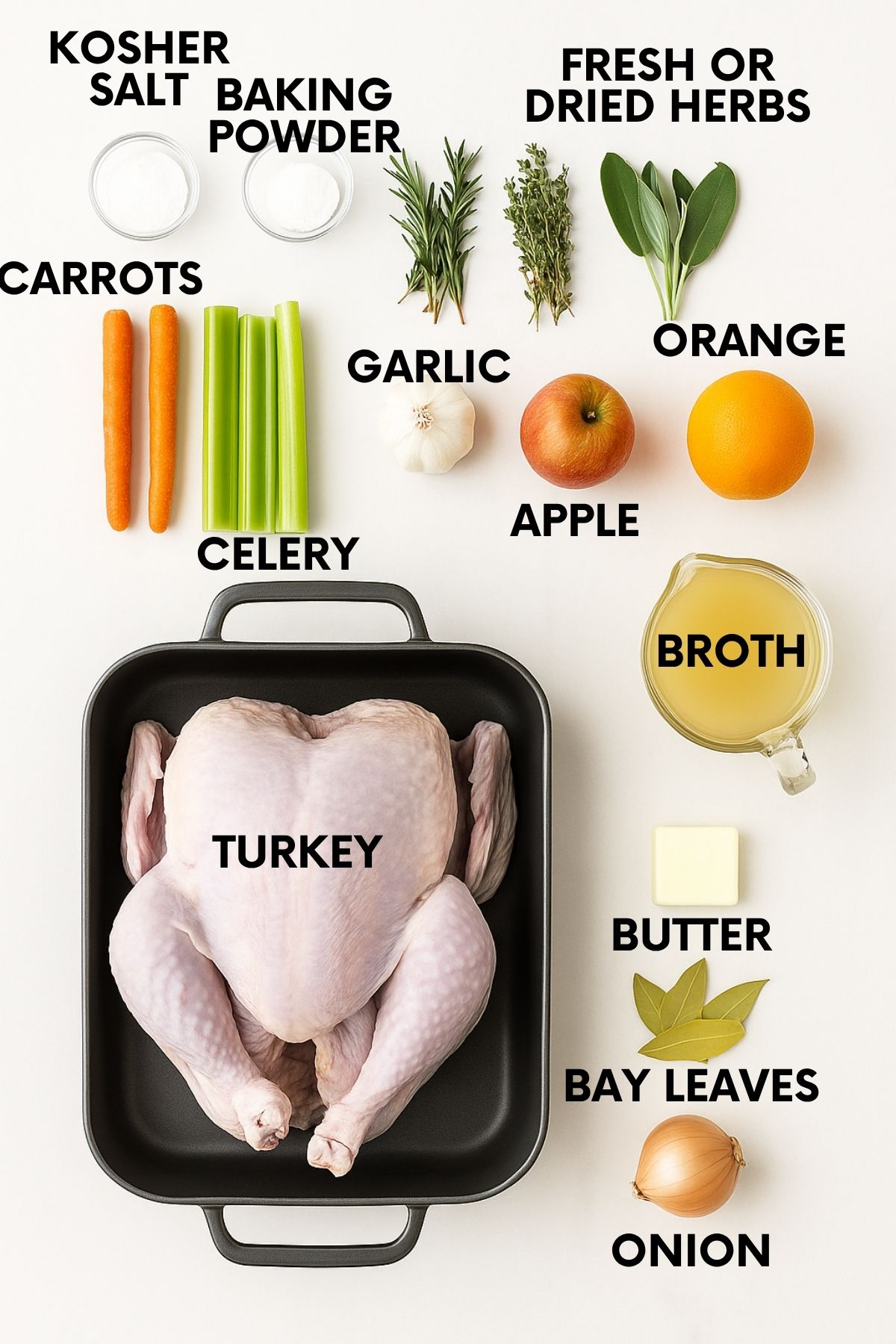 Ingredients for a dry brine turkey recipe: salt, baking powder, herbs, carrots, celery, garlic, apple, orange, broth, butter, bay leaves, onion, turkey.