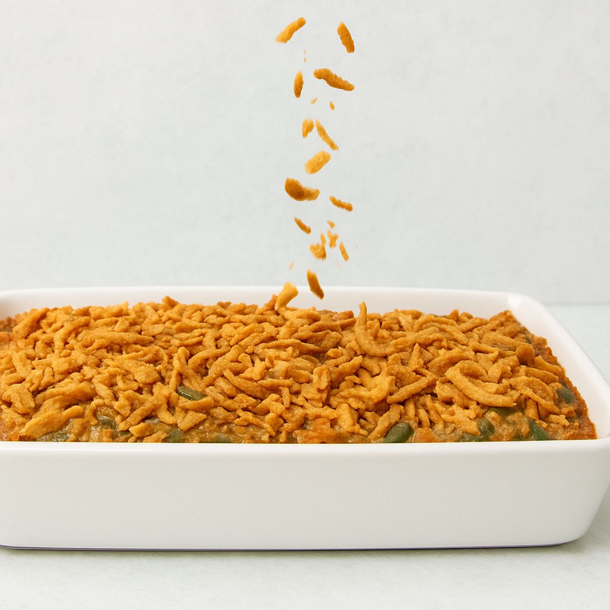 French-fried onions get sprinkled on top of a homemade green bean casserole.