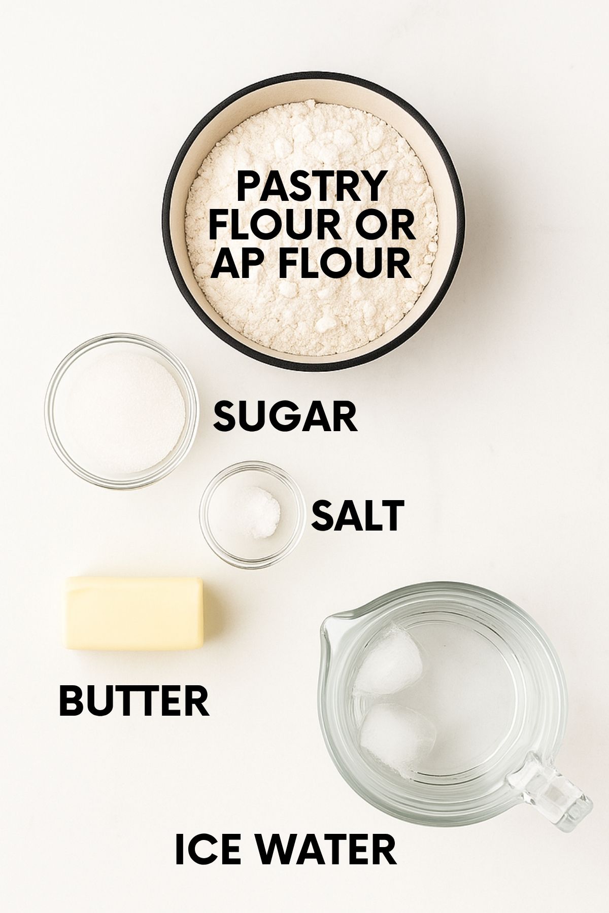 Ingredients for an all-butter pie crust: flour, sugar, salt, butter, ice water.
