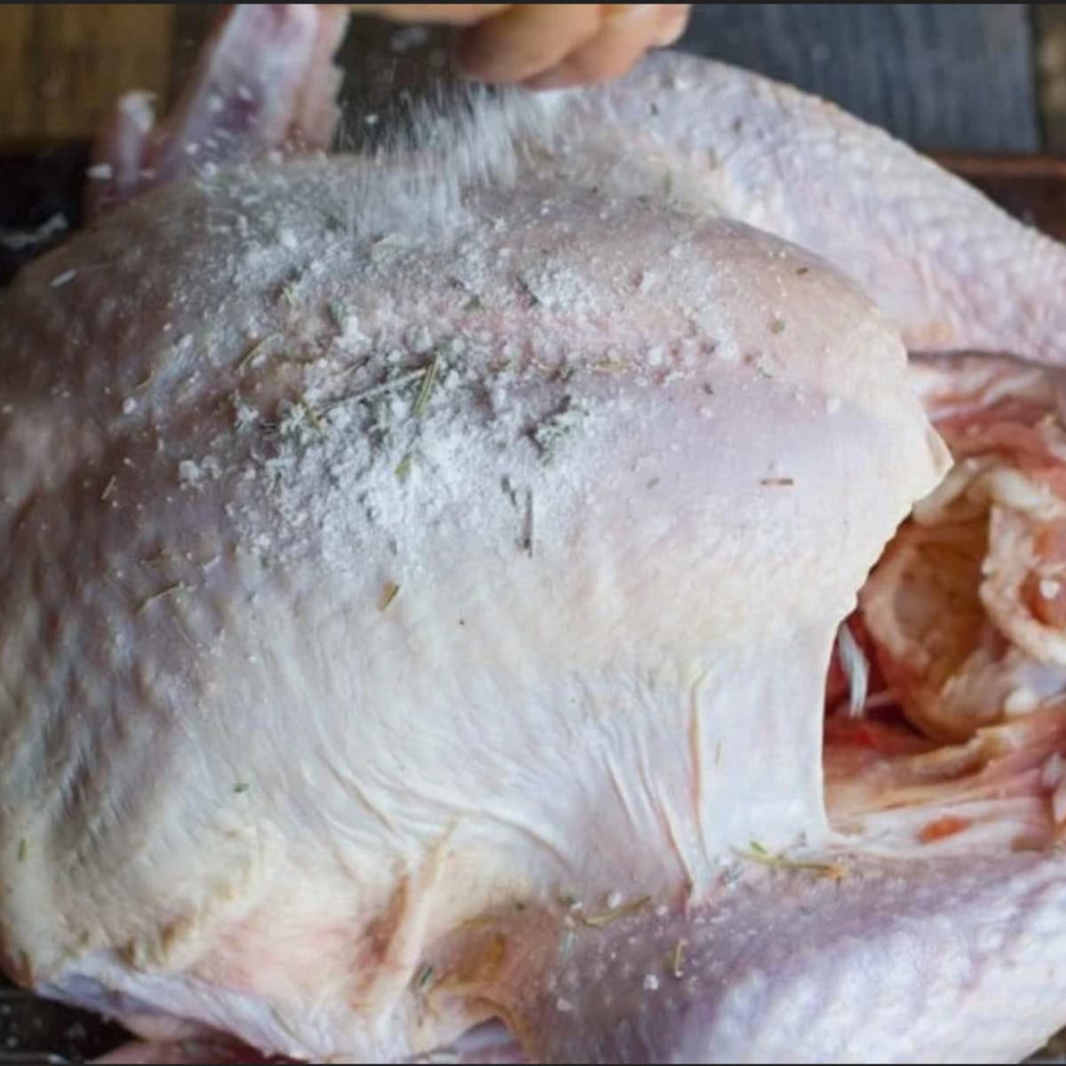 A hand sprinkles seasoned salt and herbs over a raw turkey.