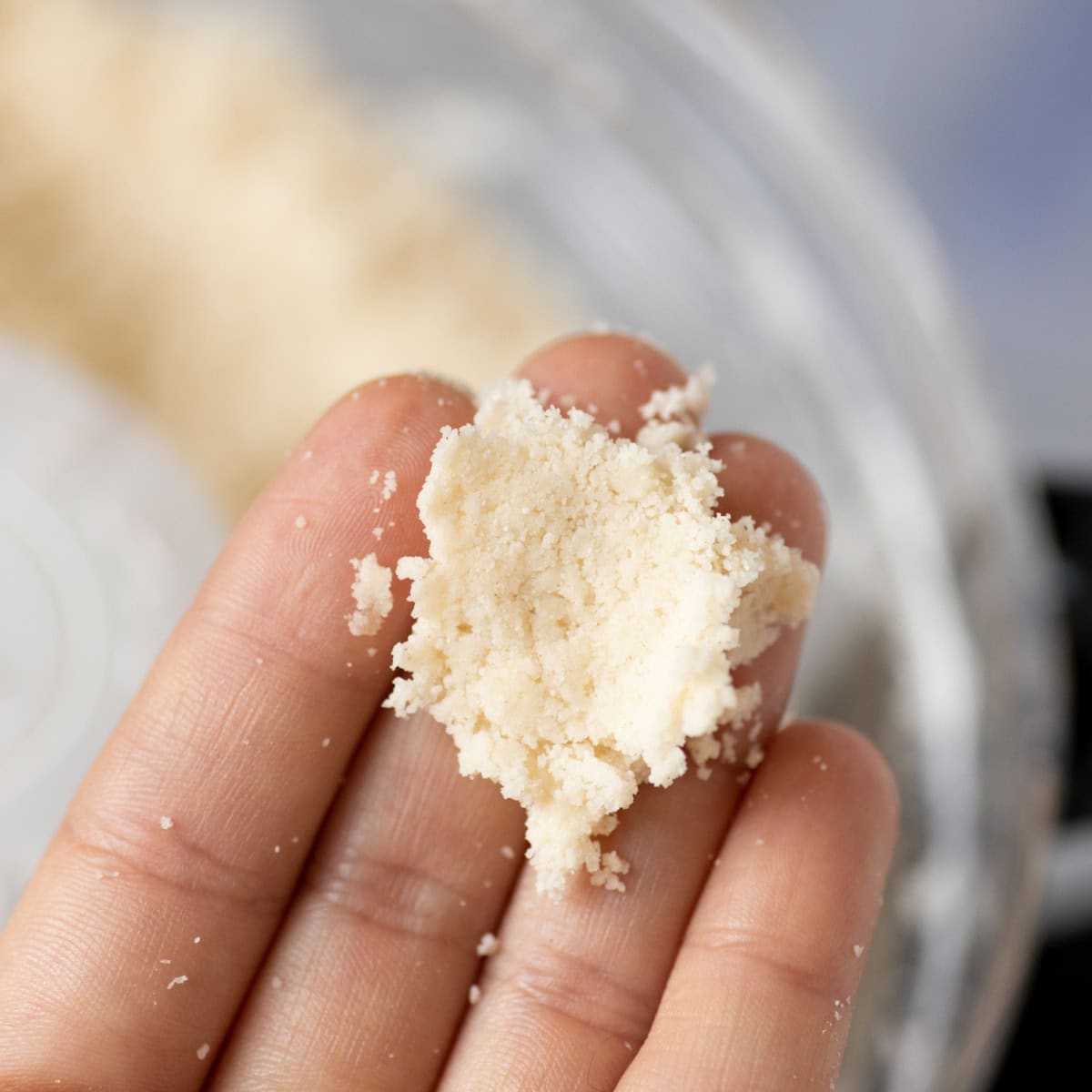 A hand holds a bit of dough for an all-butter pie crust, showing how it should hold together when it is about ready to be chilled.