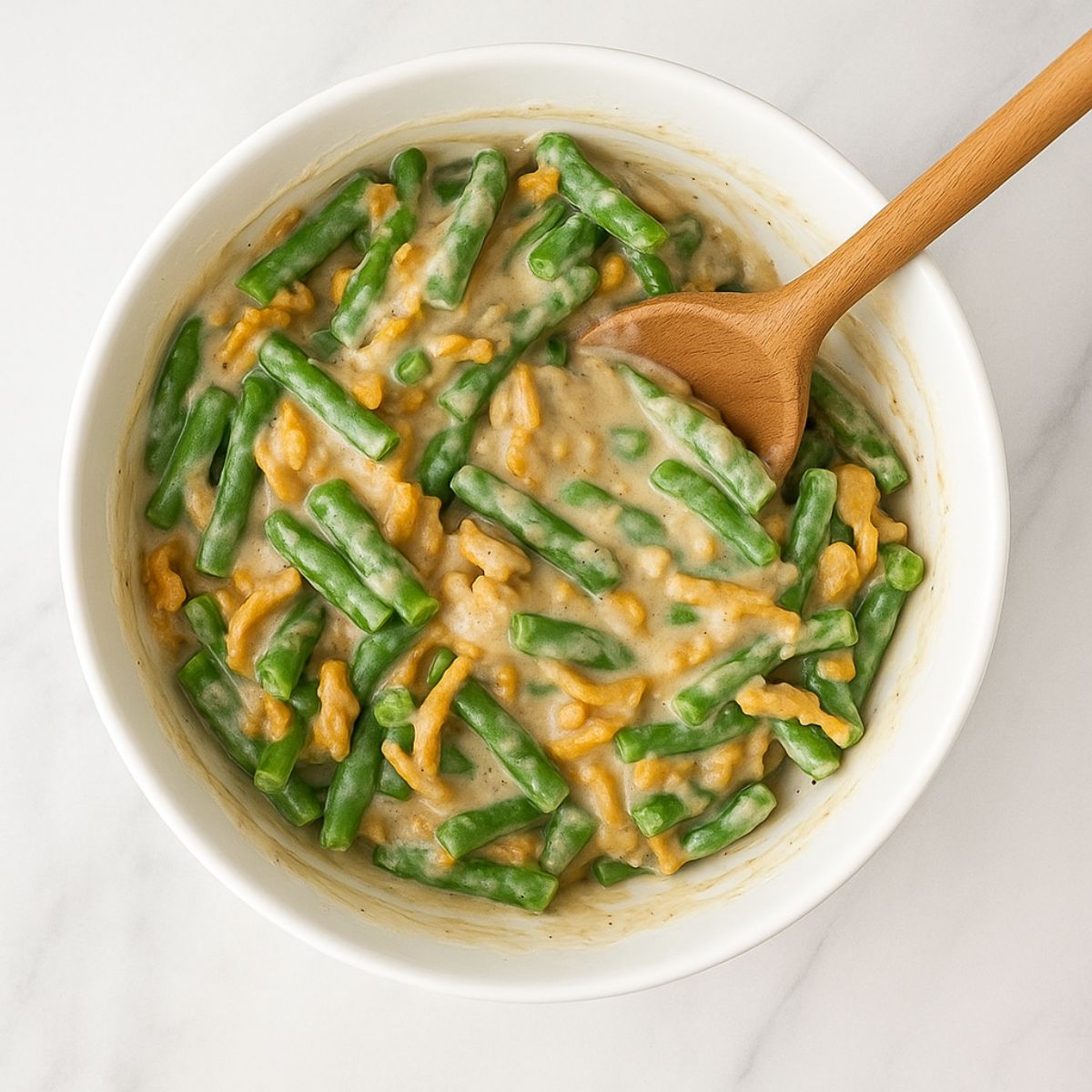 A wooden spoon stirs the components of a fresh green bean casserole recipe-green beans, fried onions, and mushroom sauce.