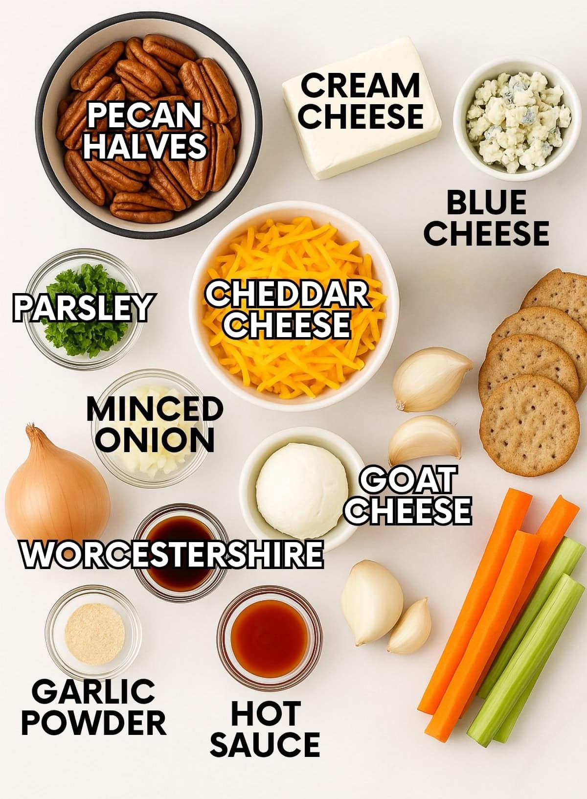 Ingredients for a simple cheese ball recipe: pecan halves, cream cheese, blue cheese, parsley, cheddar cheese, minced onion, goat cheese, worcestershire sauce, garlic powder, hot sauce.