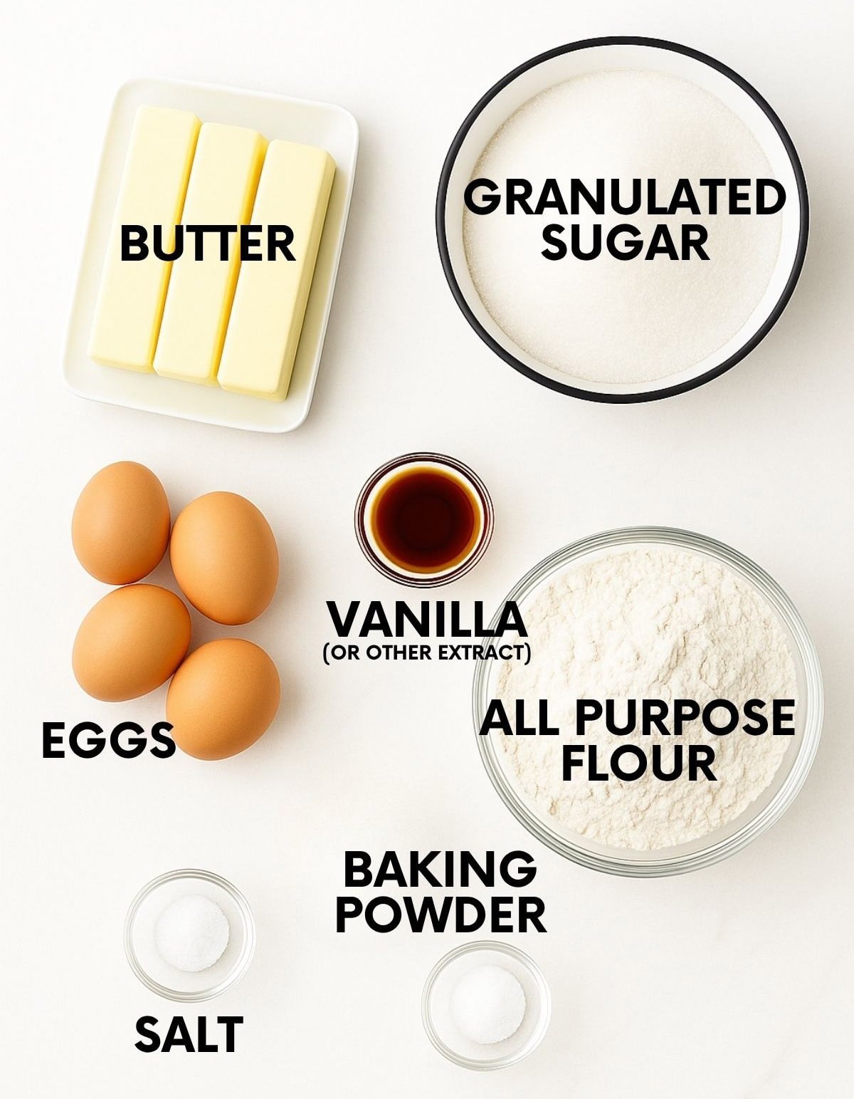 Ingredients for a cut out cookie recipe: butter, sugar, eggs, vanilla, flour, baking powder, salt.