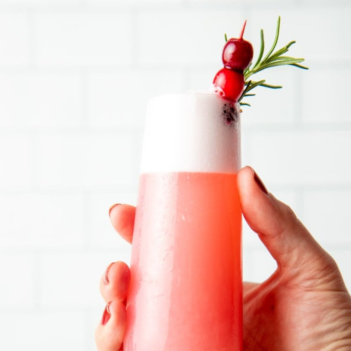 A hand holds a cranberry gin fizz garnished with rosemary and whole cranberries.