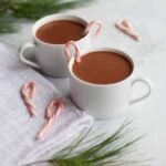 Two mugs of peppermint hot chocolate garnished with mini candy canes.